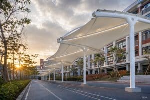 Covered walkway tensile membrane installation at Zhuhai Ziqi School during National Day holiday for rapid campus canopy upgrade