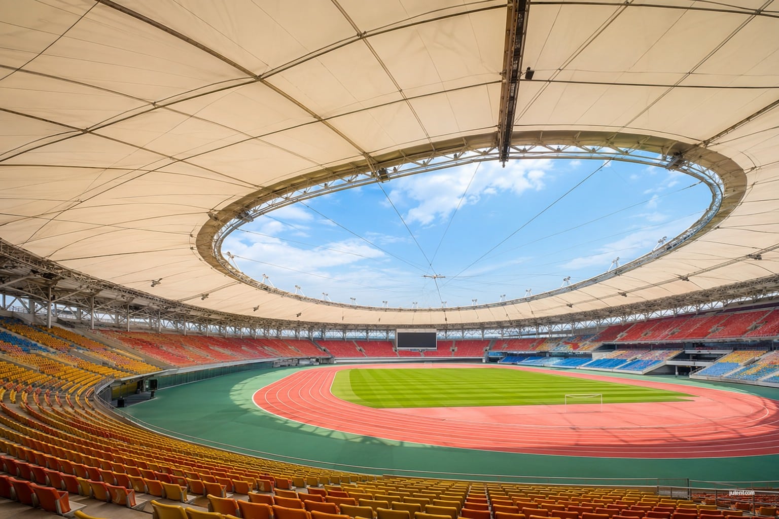 Large-scale stadium tensile membrane roof under construction for Palestine grandstand, showcasing durable fabric structure engineering