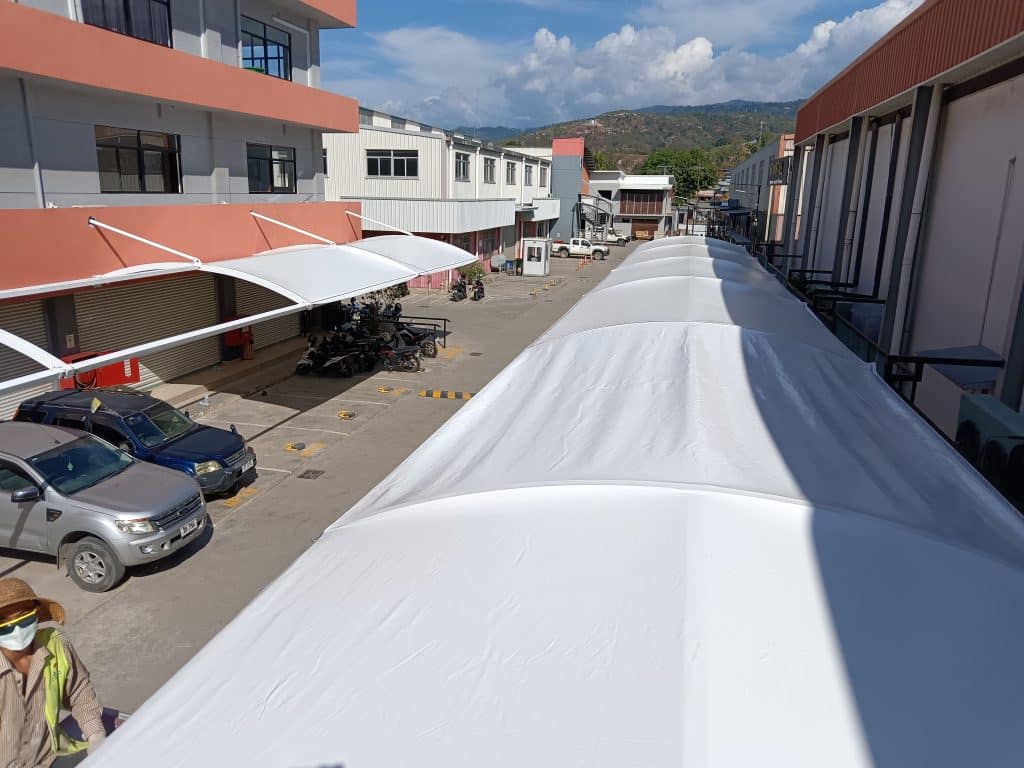 Completed Tensile Membrane Carport Framework in Timor-Leste