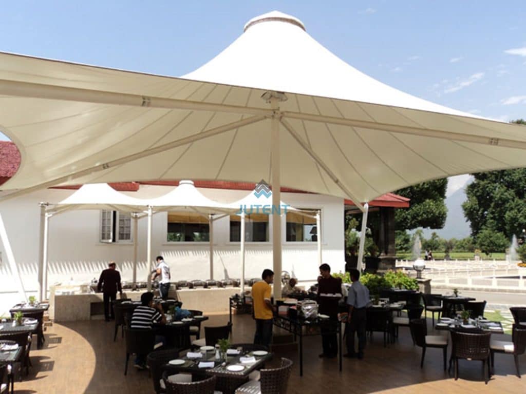 architectural tensile canopy covering coffee bar areas