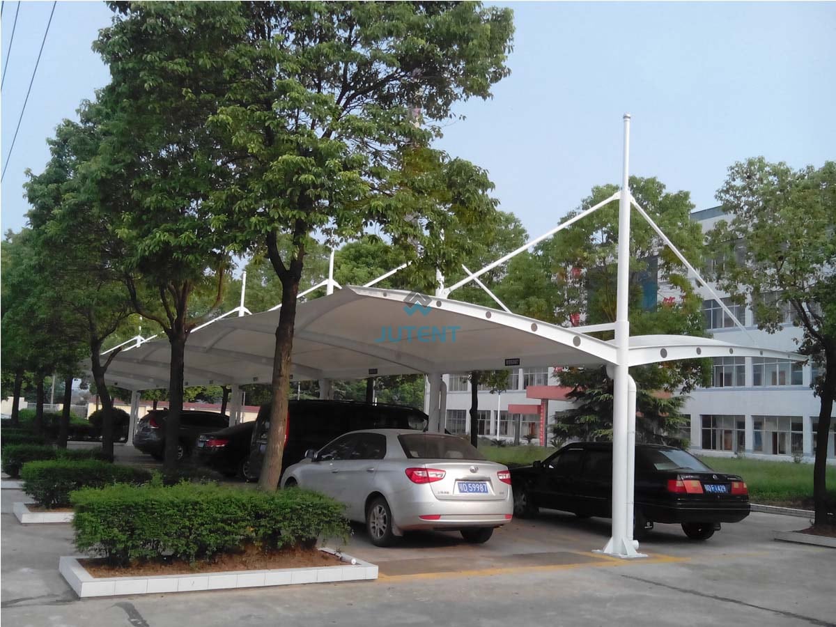 Double Bay Cantilever Tensile Carport Canopy 01 Double bay cantilever tensile carport canopy with steel structure in outdoor parking area