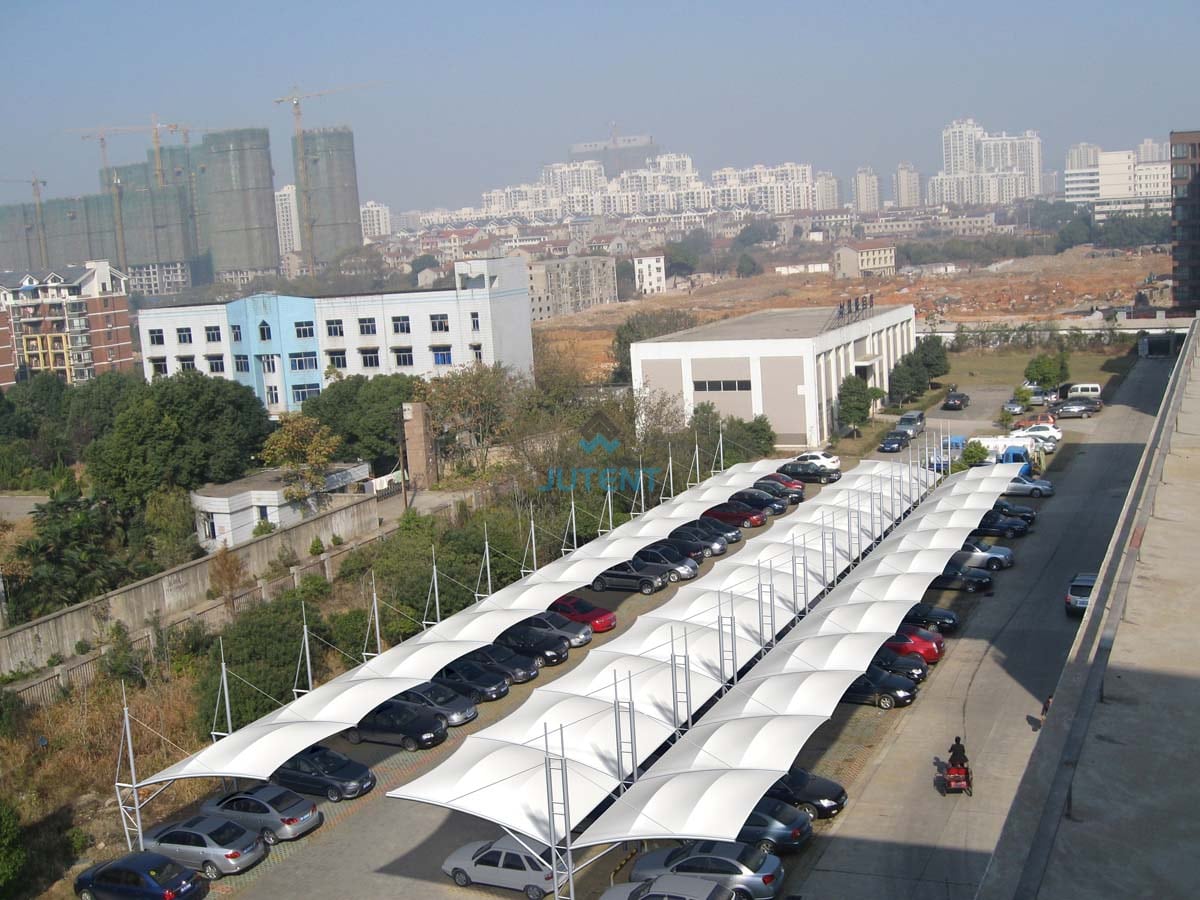 Double Bay Cantilever Tensile Carport Canopy 03 Double bay cantilever tensile carport canopy with steel structure in outdoor parking area