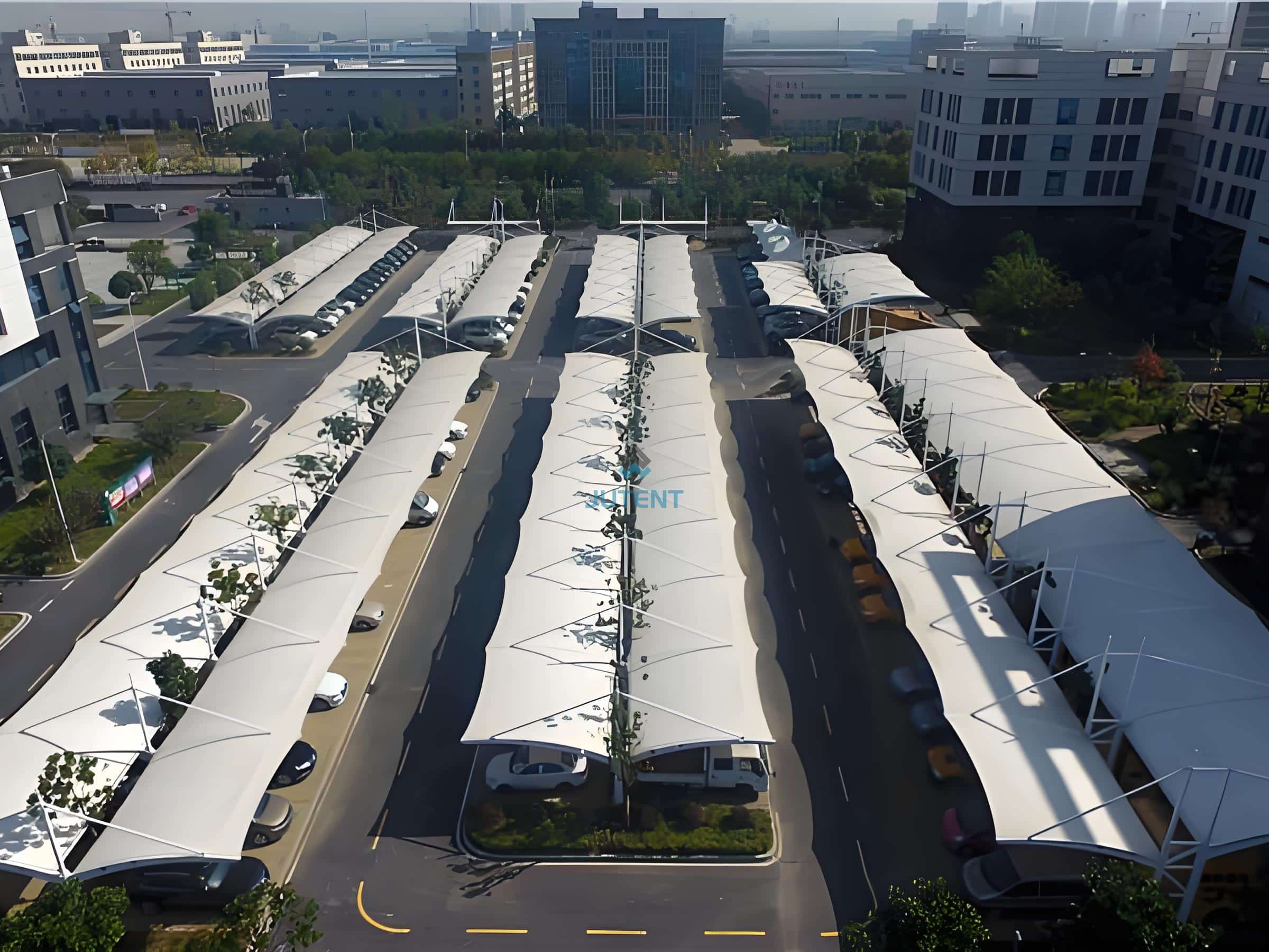 Double Bay Cantilever Tensile Carport Canopy 04 Double bay cantilever tensile carport canopy with steel structure in outdoor parking area