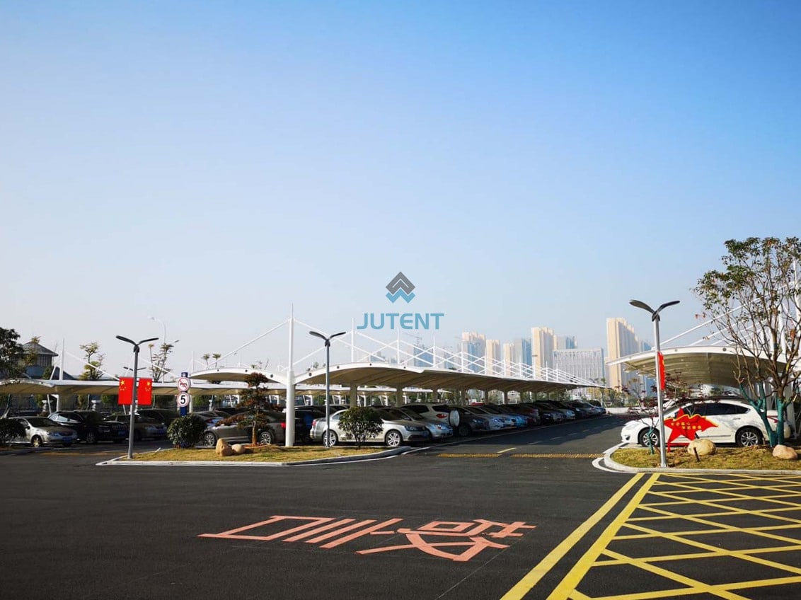 Double Bay Cantilever Tensile Carport Canopy 06 Double bay cantilever tensile carport canopy with steel structure in outdoor parking area