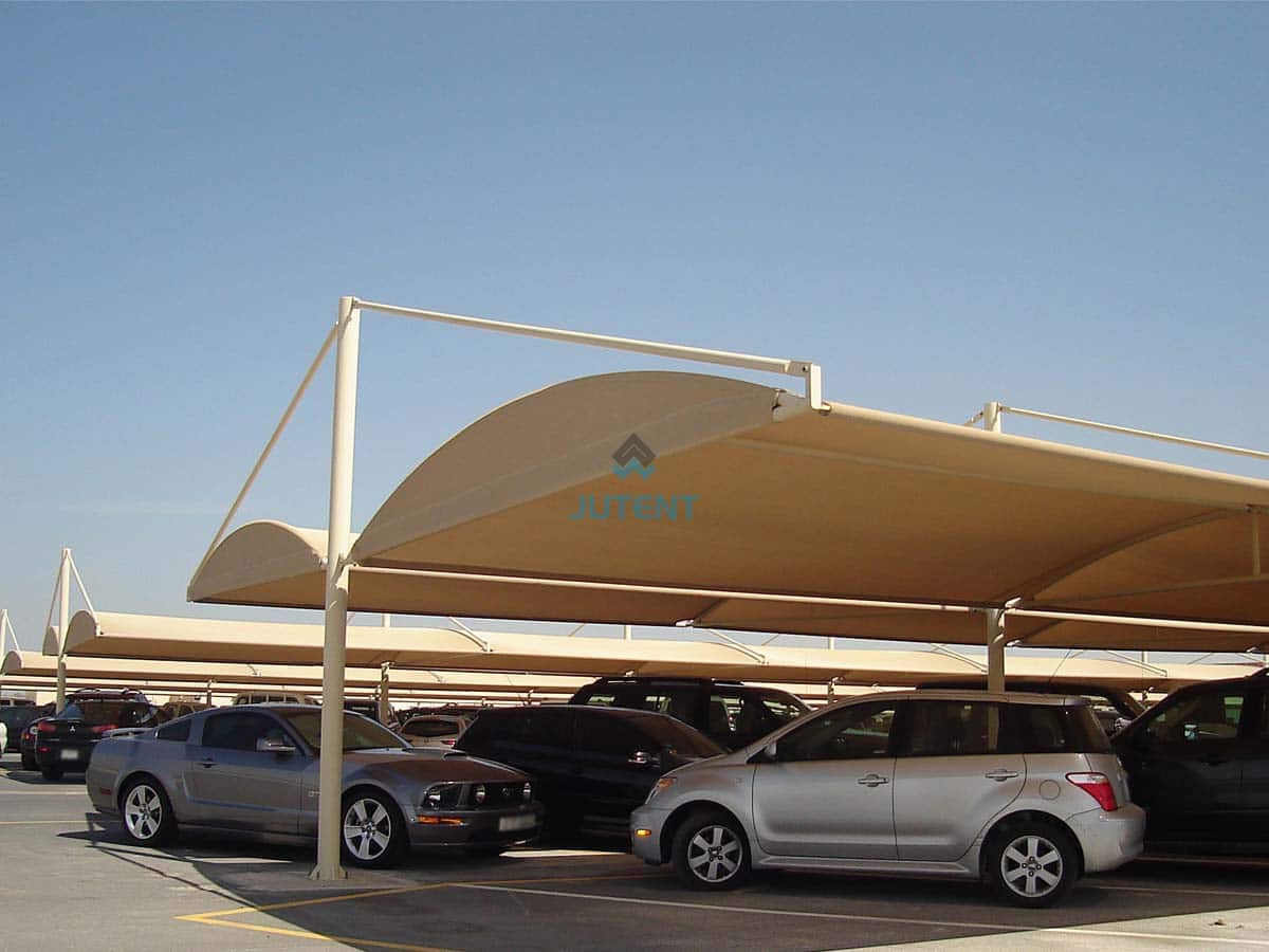 Double Bay Cantilever Tensile Carport Canopy 07 Double bay cantilever tensile carport canopy with steel structure in outdoor parking area