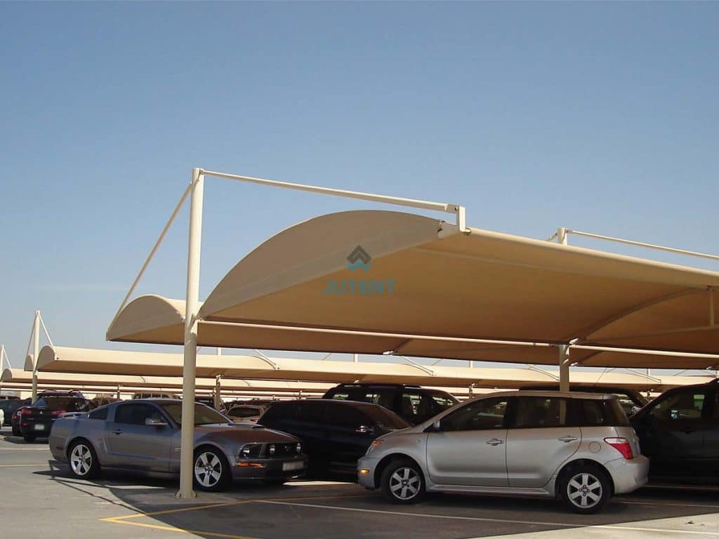 Double cantilever car parking shed with tensile membrane roof covering two vehicles