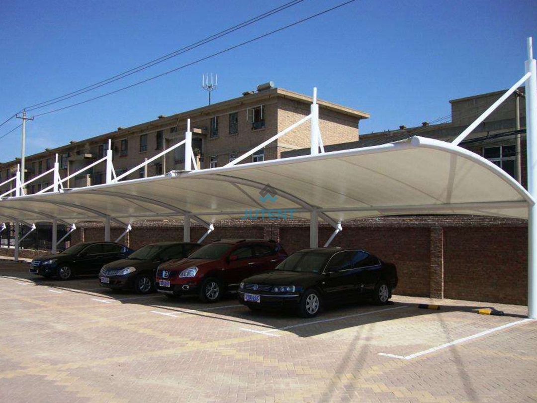 Single-Bay Cantilever Tensile Fabric Carport Structure 01 single bay cantilever tensile fabric carport with cable stayed support