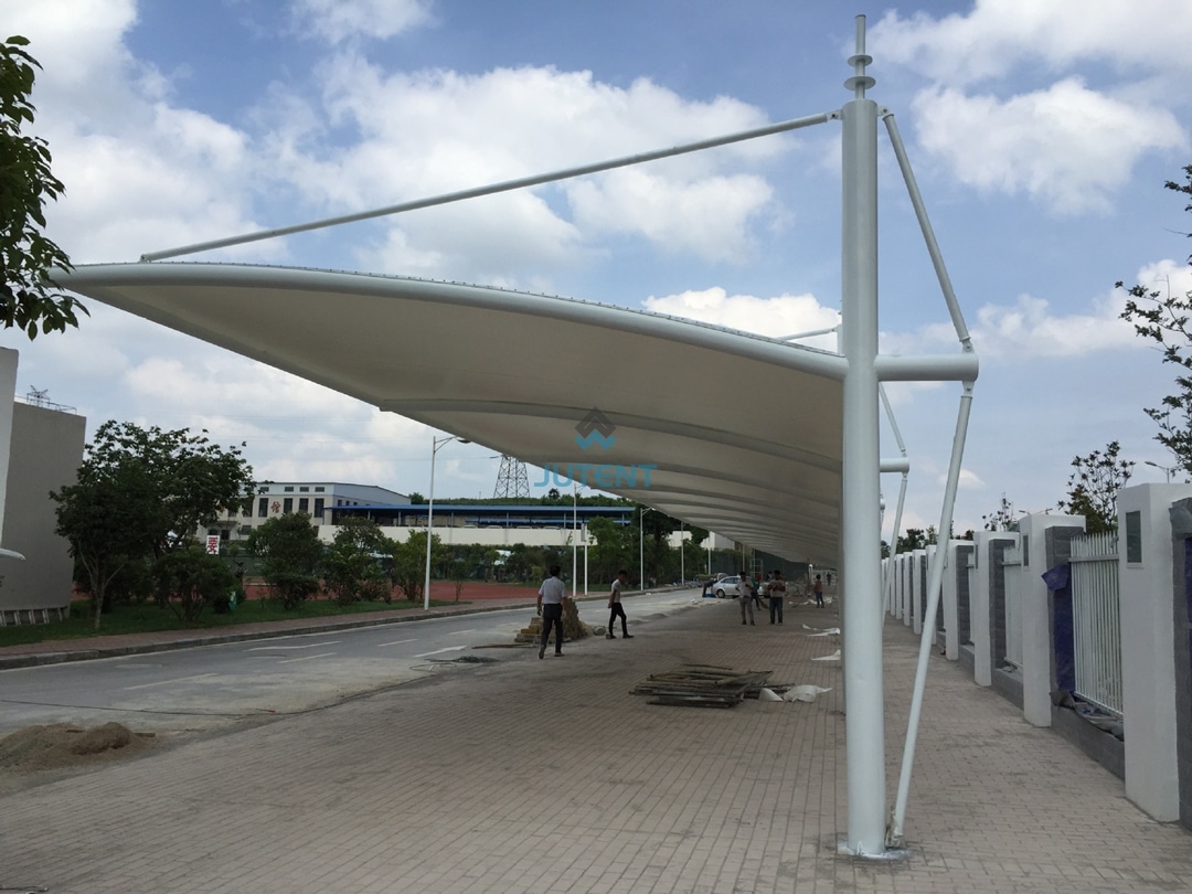 Single-Bay Cantilever Tensile Fabric Carport Structure 02 single bay cantilever tensile fabric carport with cable stayed support