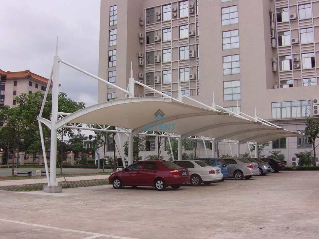 Single-Bay Cantilever Tensile Fabric Carport Structure 03 single bay cantilever tensile fabric carport with cable stayed support