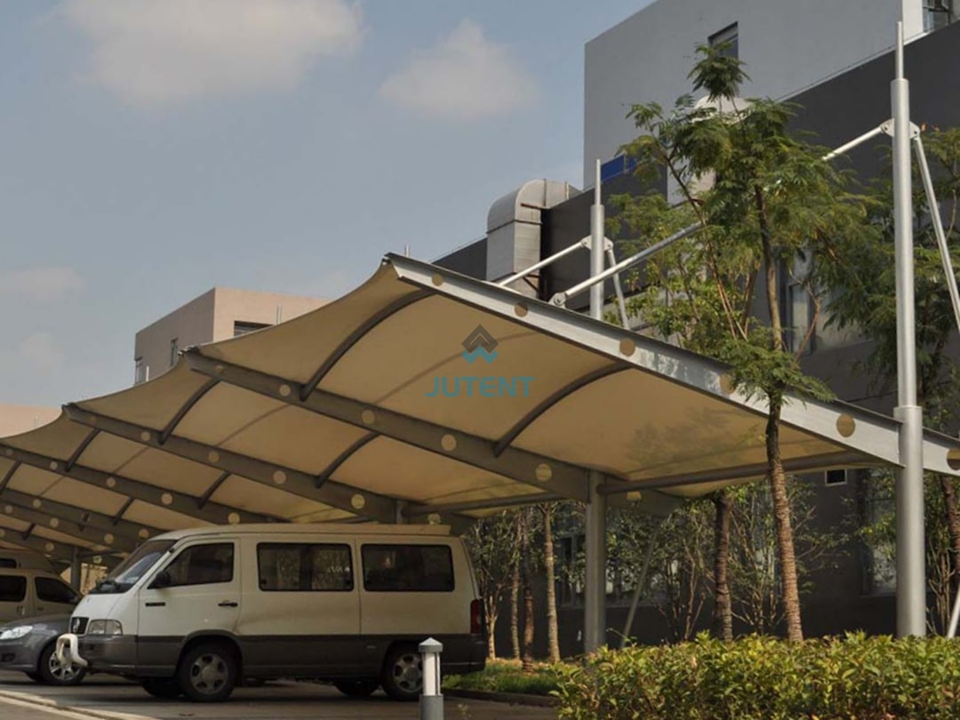 Single-Bay Cantilever Tensile Fabric Carport Structure 04 single bay cantilever tensile fabric carport with cable stayed support