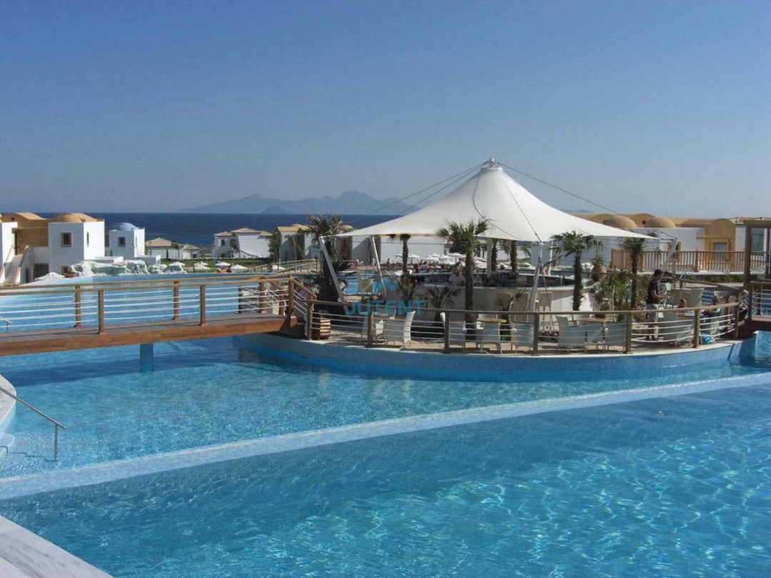 Swimming Pool Bar Area Tensile Membrane Shade Canopy 02 Swimming pool bar shaded by tensile membrane canopy structure