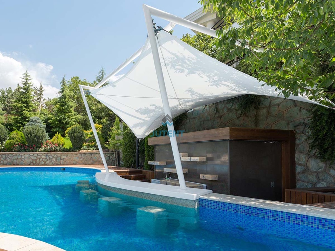 Swimming Pool Bar Area Tensile Membrane Shade Canopy 03 Swimming pool bar shaded by tensile membrane canopy structure