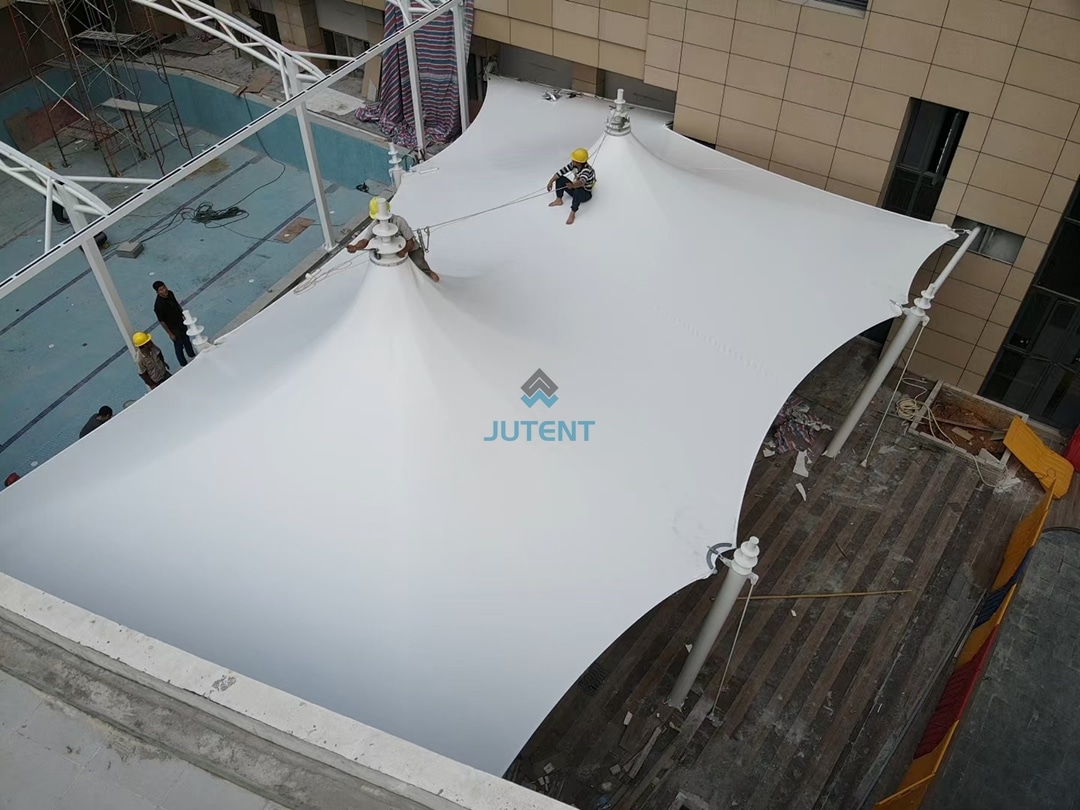 Swimming Pool Bar Area Tensile Membrane Shade Canopy 04 Swimming pool bar shaded by tensile membrane canopy structure