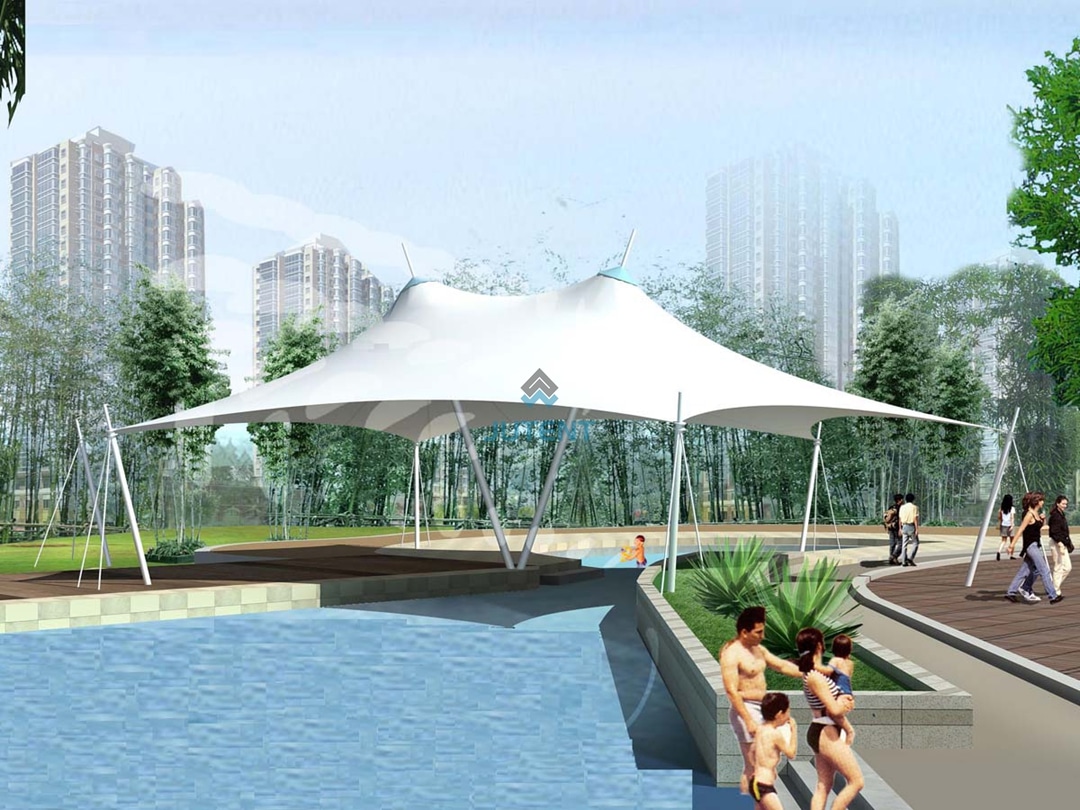 Swimming Pool Bar Area Tensile Membrane Shade Canopy 05 Swimming pool bar shaded by tensile membrane canopy structure