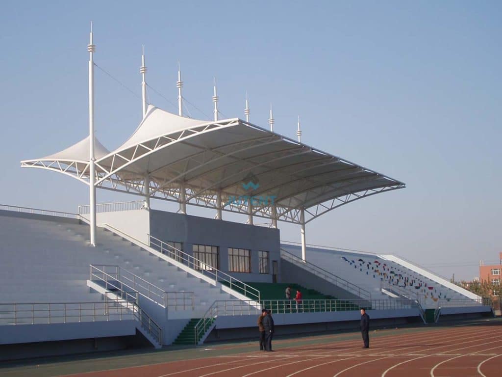 tie rod supported tensile membrane roof covering stadium grandstand seating