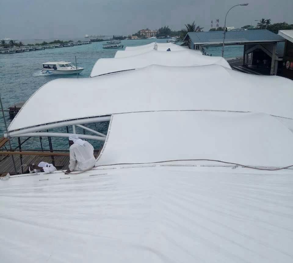 Installation Progress of Tensile Membrane at Maldives Boat Dock