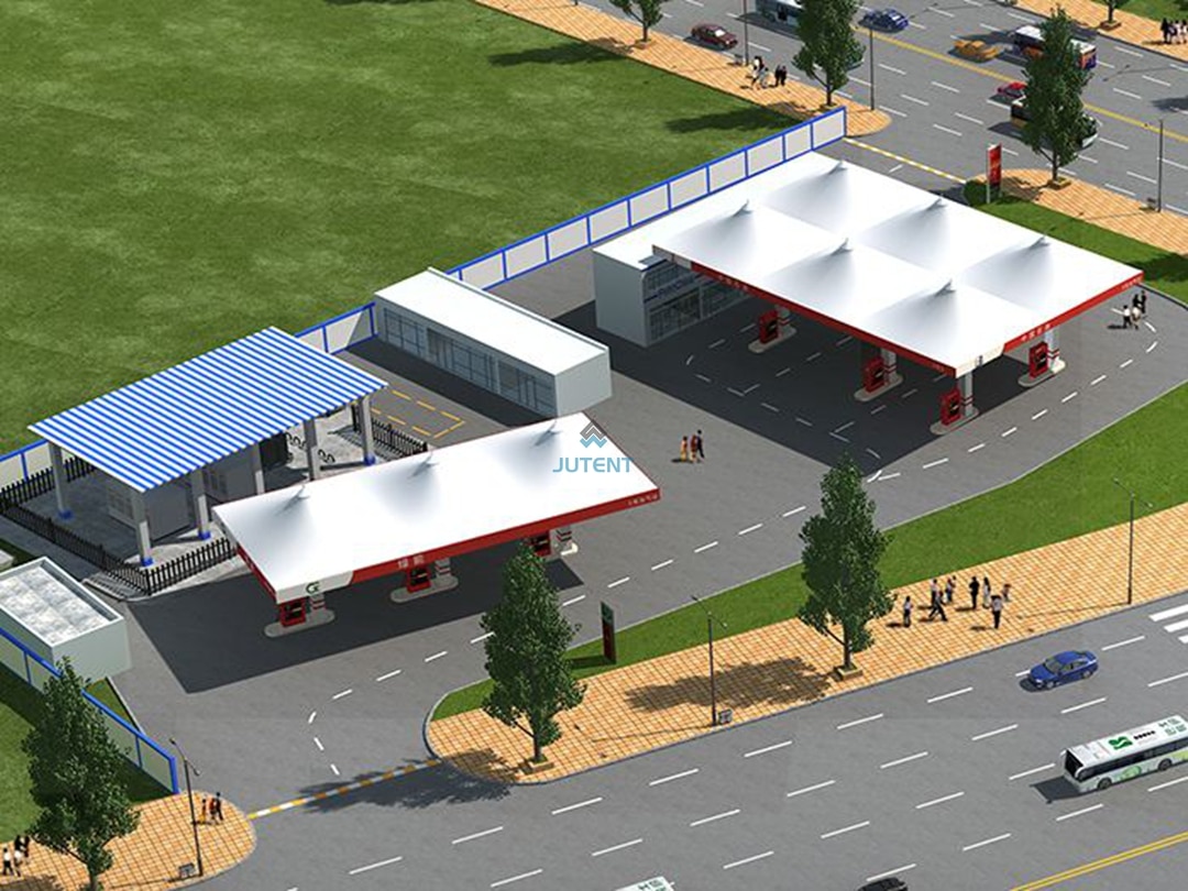 modular-steel-frame-fuel-station-roof-system-detail.jpg Modular steel frame supporting lightweight commercial canopy structure for fuel service station.
