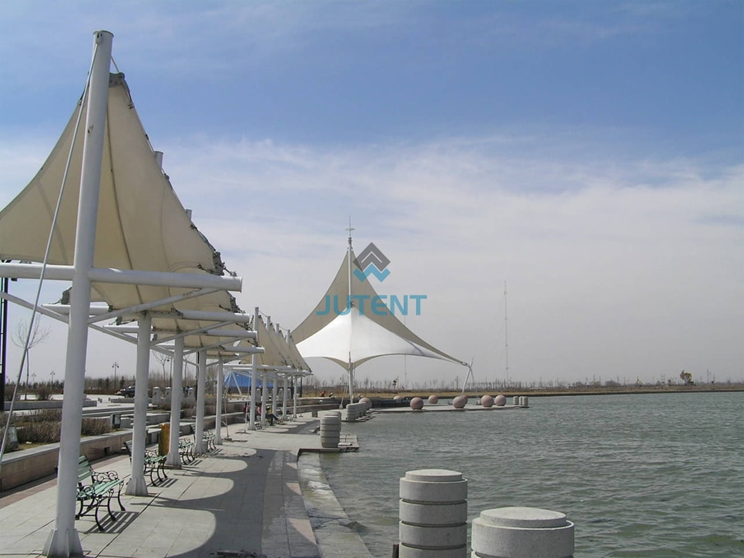 Tensile Membrane Structures for Waterfront and Marina Projects 1 Tensile membrane structure installed at waterfront marina project for shade and weather protection