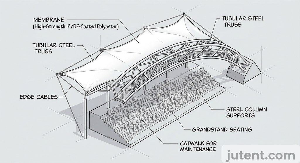 Grandstand canopy with membrane grade label