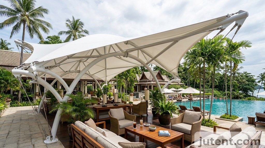 hotel tensile canopy in tropical application