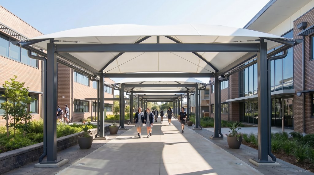 Membrane school covered walkway with permanent tensile roof system