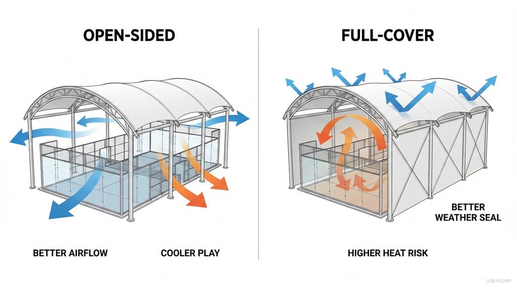 Open-sided vs full-cover padel court roof diagram