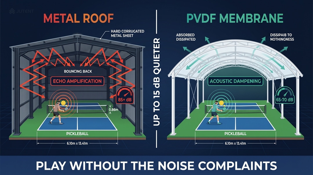 Diagram comparing pickleball sound wave absorption on membrane vs reflection on metal roof