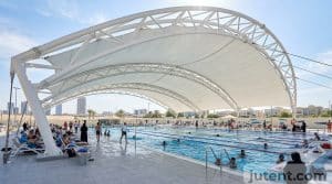 Pool shade structure in Gulf aquatic facility