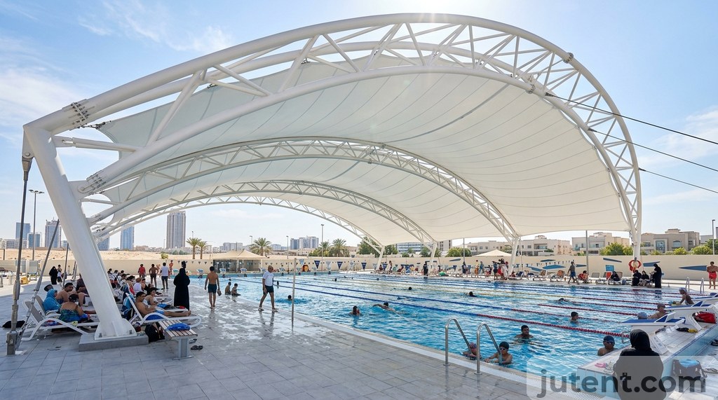 Pool shade structure in Gulf aquatic facility