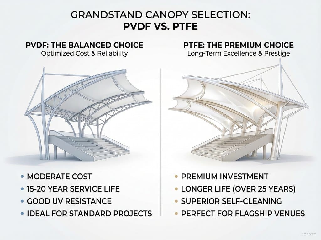 PVDF vs PTFE comparison table for grandstand canopy projects
