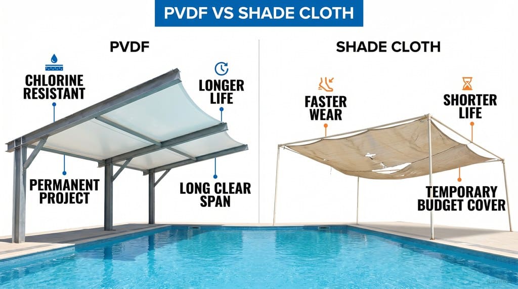 PVDF vs shade cloth comparison for pool shade projects