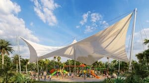 Park tensile shade structure in tropical Southeast Asia application