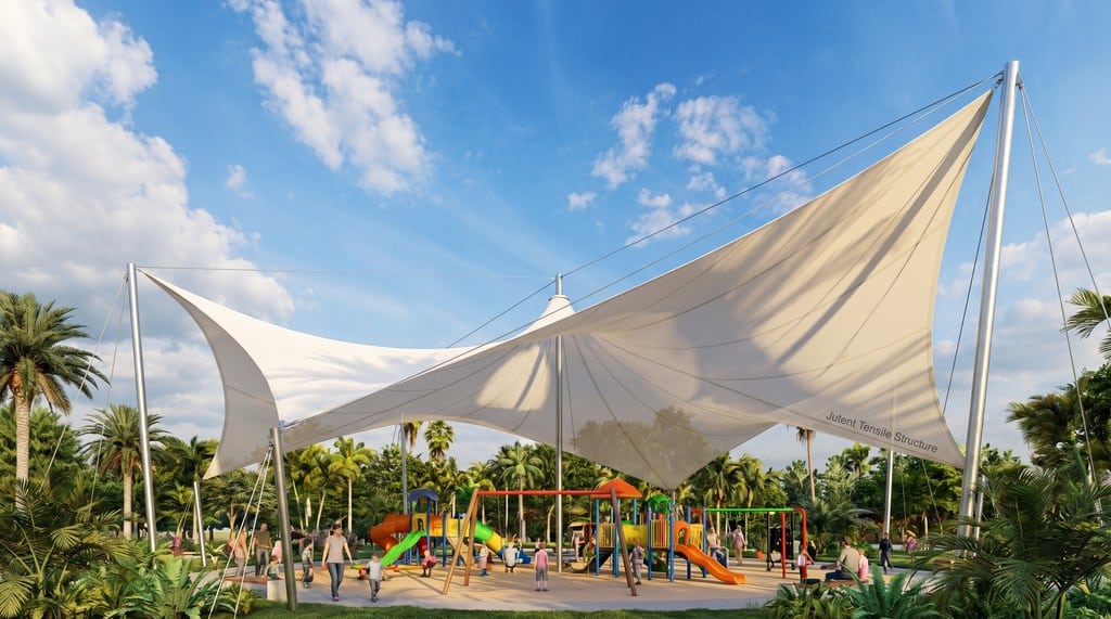 Estructura de sombra tensada para parque en aplicación del Sudeste Asiático tropical