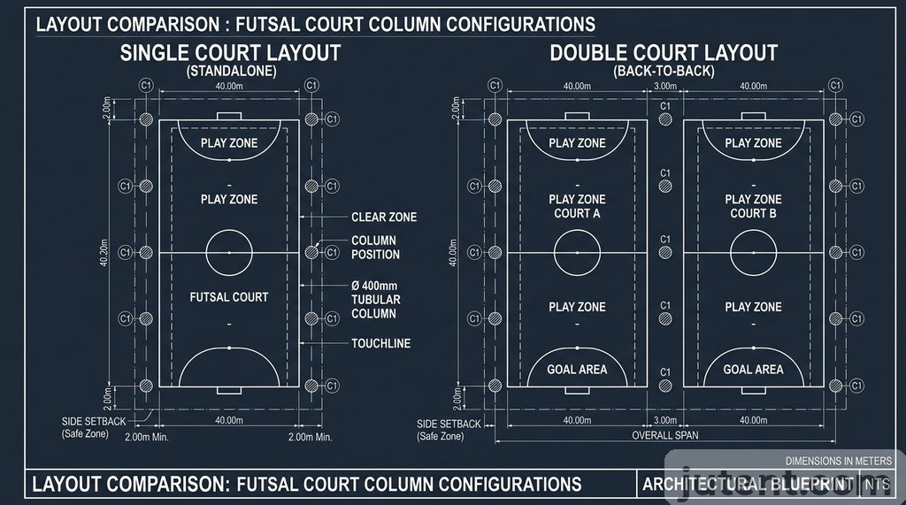 Single vs double court column layout diagram