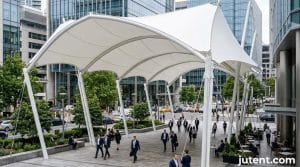 Tensile bleacher canopy at school
