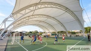 Tensile canopy over futsal court