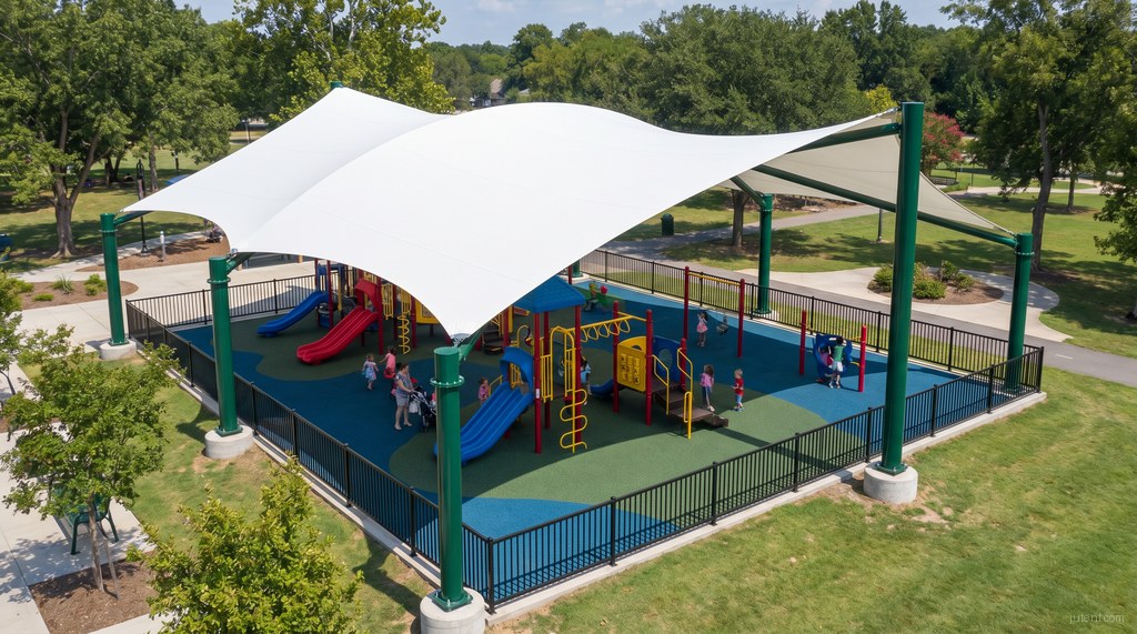 Tensile canopy over playground