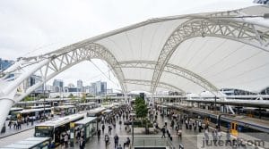 Tensile canopy over transit hub