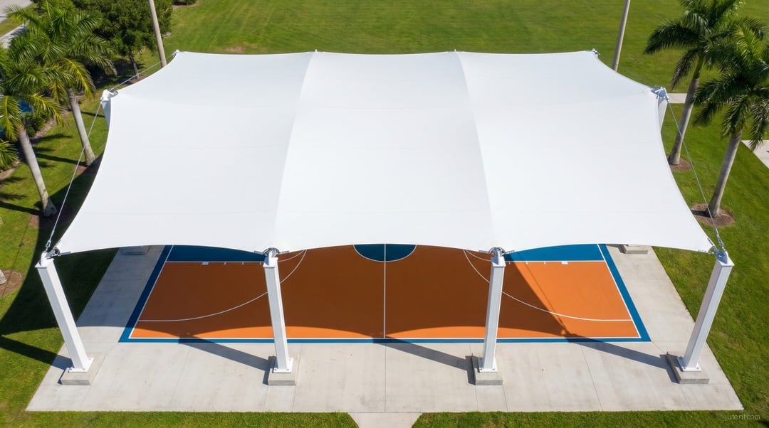 Aerial view of a completed white PVDF tensile membrane shade structure fully covering an outdoor basketball court