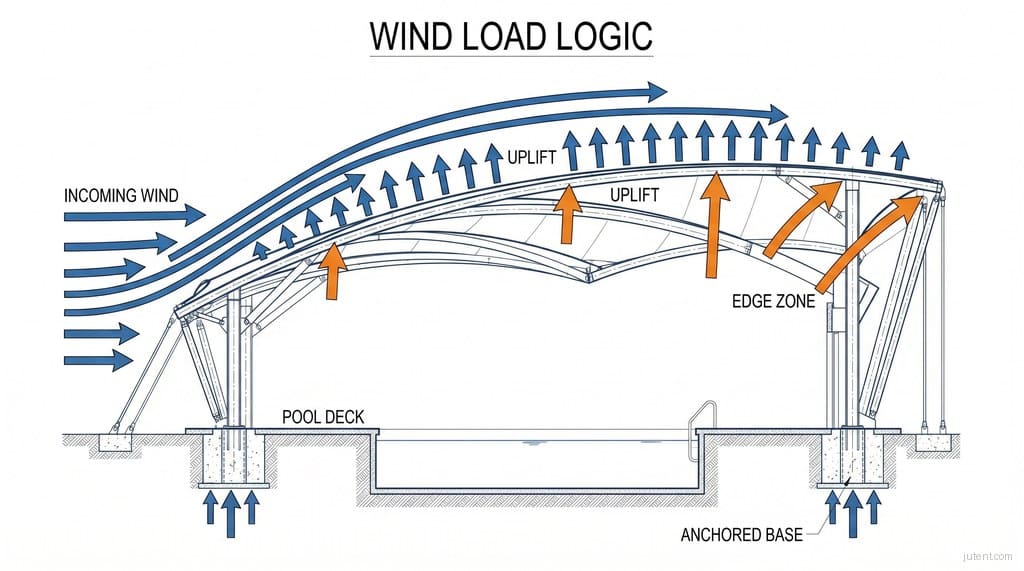 Wind load diagram for a pool tensile shade structure