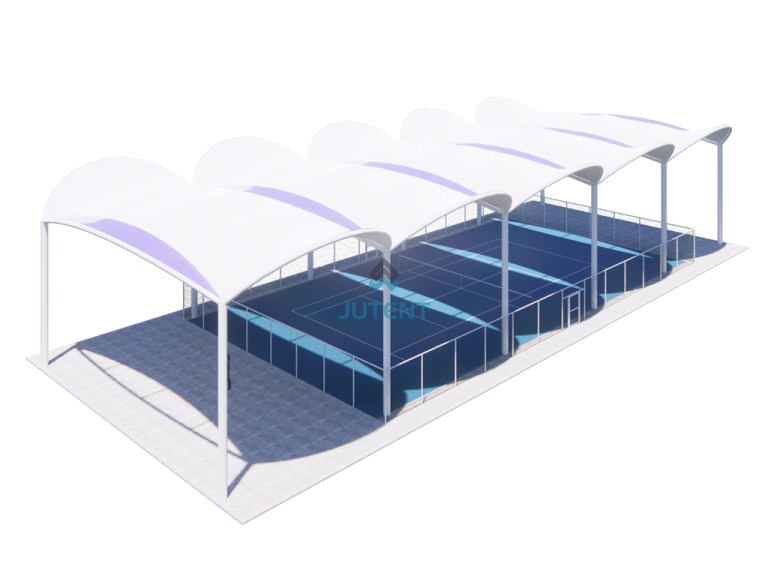 Gull-wing arched tennis court membrane canopy
