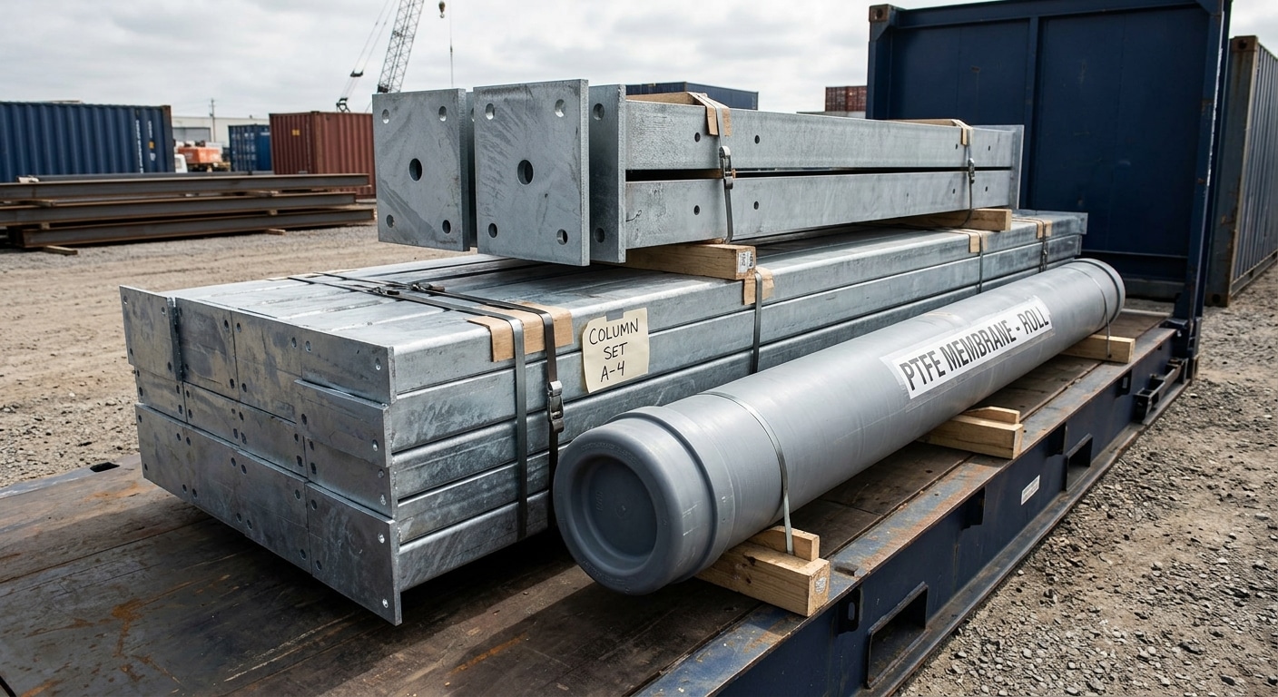 A shipping container loading scene showing flat-packed galvanized steel columns