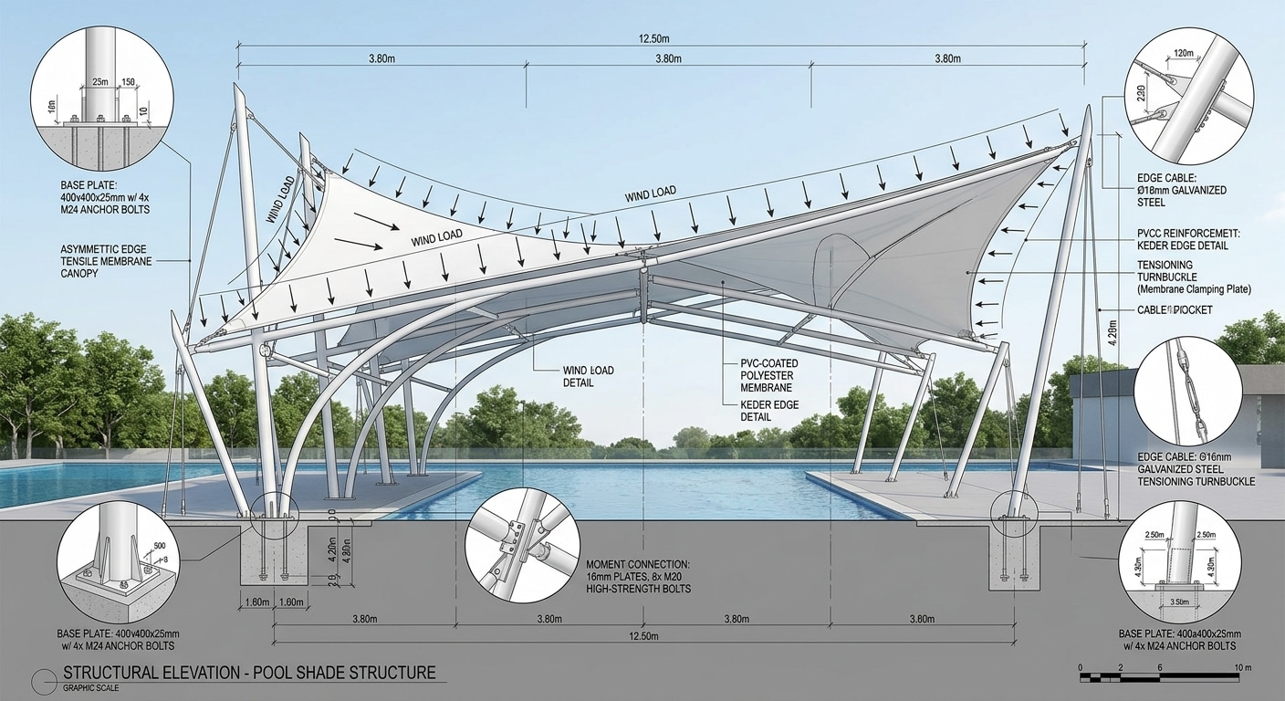 Annotated structural elevation drawing of a pool shade structure showing wind lo