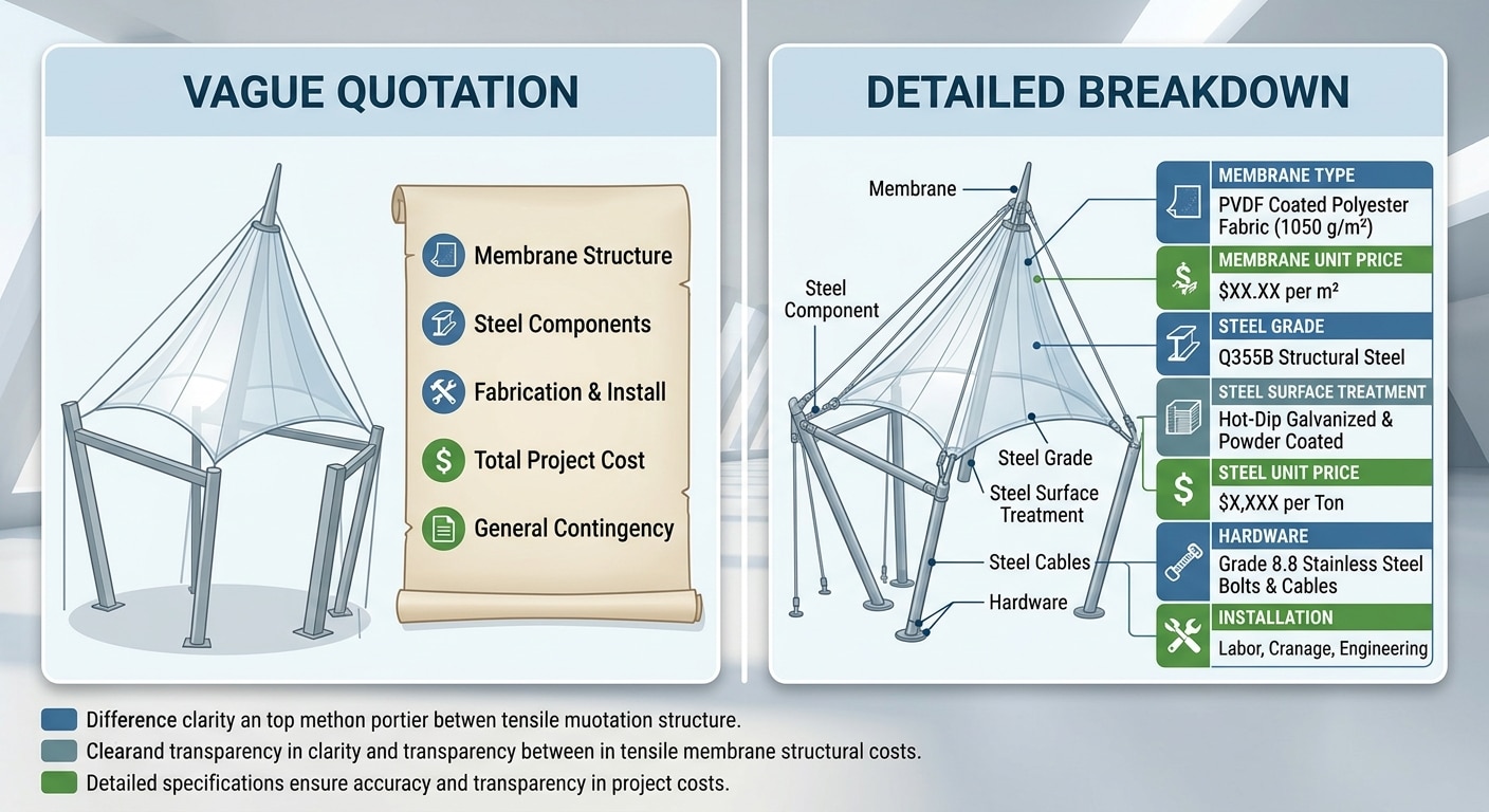 A side-by-side illustration of a quotation breakdown left panel shows a vague me