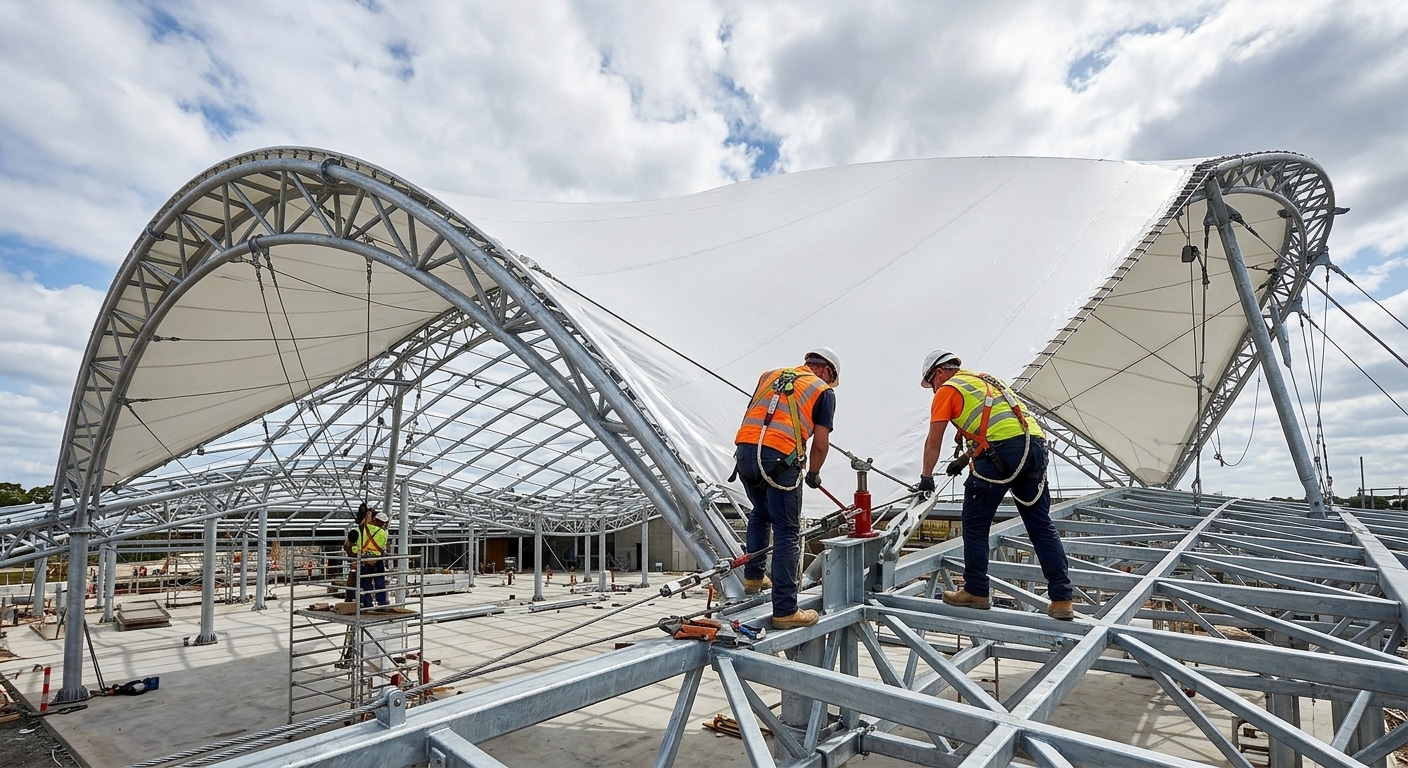 A mid-installation view of a tensile membrane canopy being tensioned on a steel