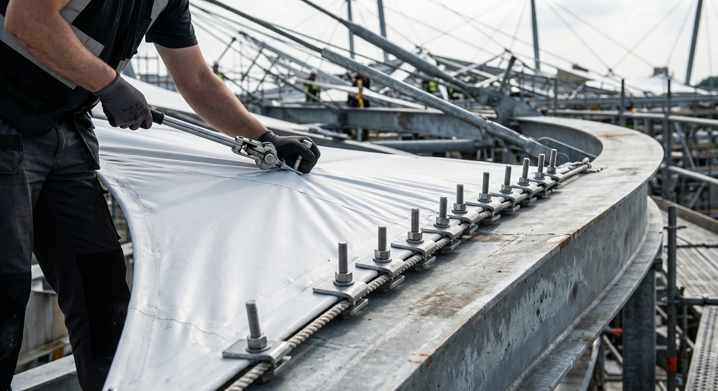 Close-up de um técnico esticando e fixando uma membrana de PVDF em uma estrutura curva de aço