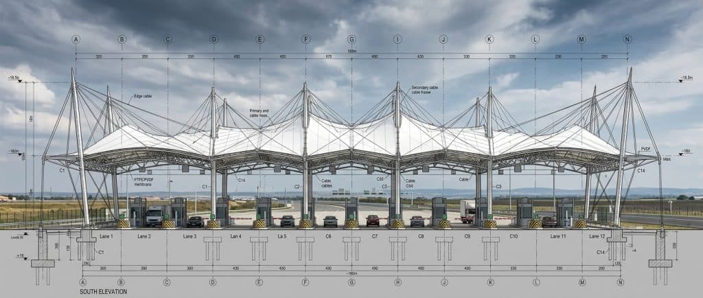 PVDF tensile membrane structure Drafting Infrastructure RFQs Toll Station Enginee