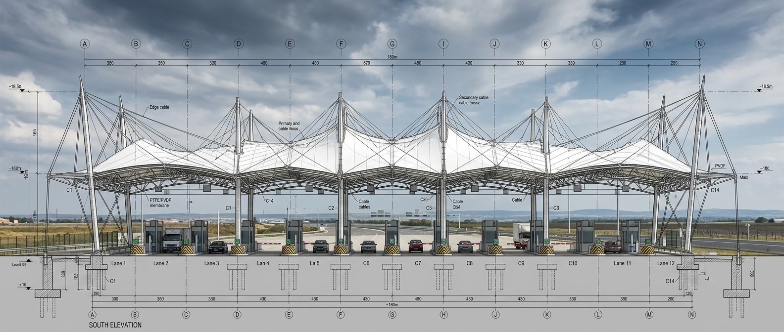 Estrutura de membrana tensionada em PVDF Elaborando RFQs de Infraestrutura para Engenharia de Praças de Pedágio
