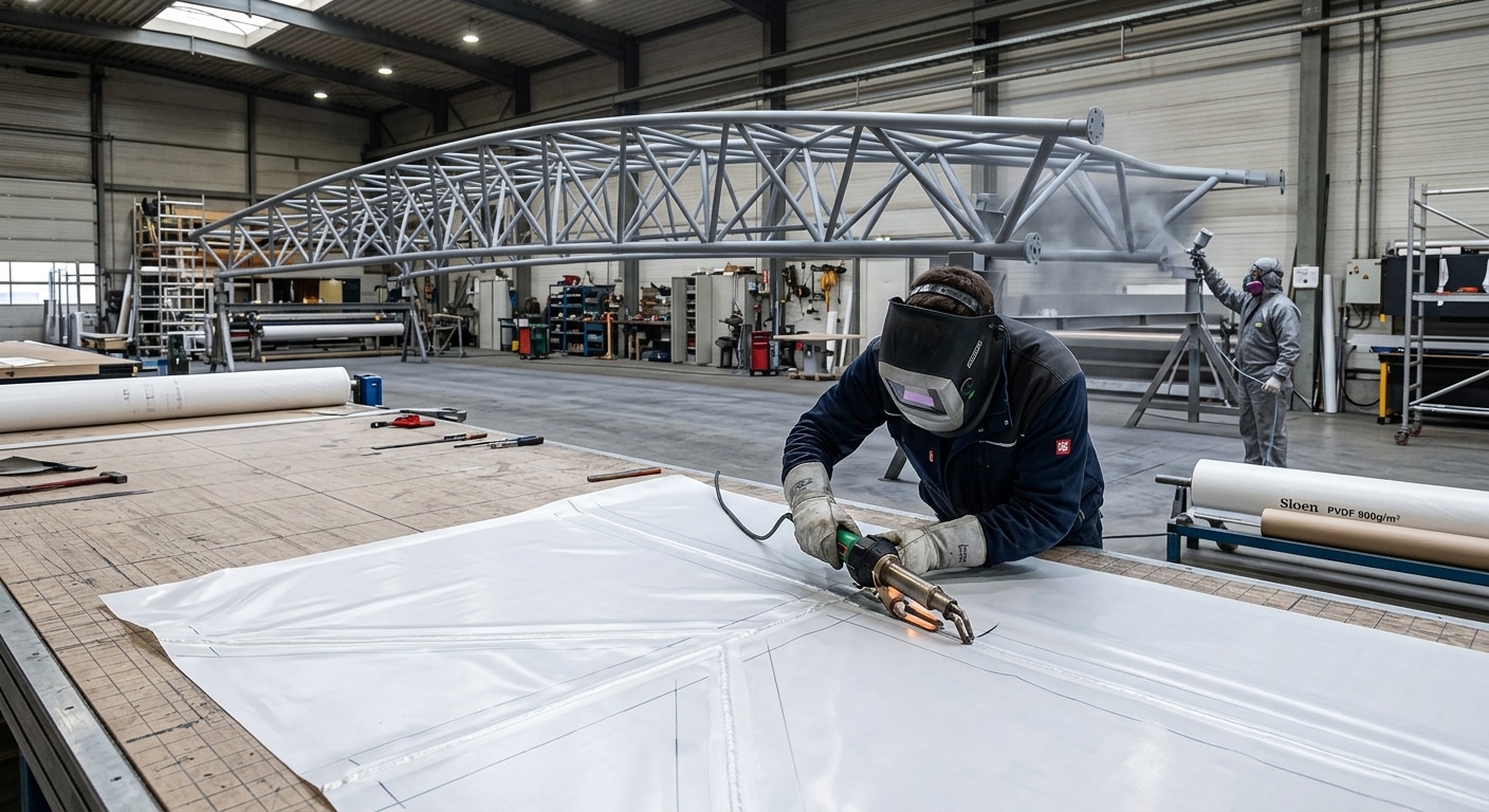 A fabricator welding PVDF membrane panels on a large cutting table uniform seam