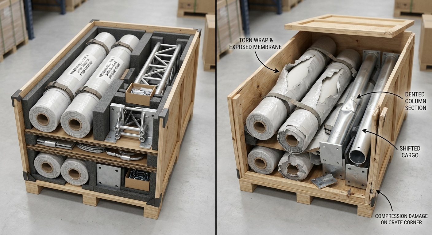 A split visual left side shows a correctly packed crate with membrane rolls labe